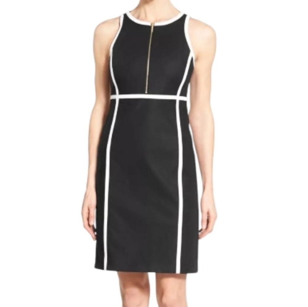 Michael Kors  Black and White Contrast Trim Front-Zipper Sheath Dress Sz 8P